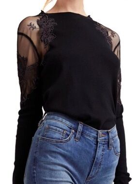 Free People All Day Lace Long Sleeve Black Sheer Sleeve Sweater